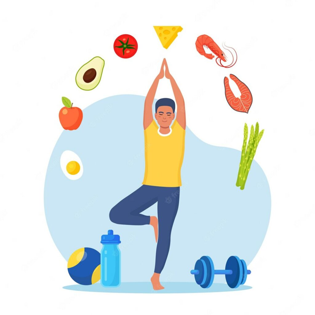 plan de dieta hombre haciendo ejercicio planificación dieta con frutas vegetales chico haciendo yoga alimentación dietética planificación de comidas consulta de nutrición comida saludable deporte salud estilo de vida fitness 458444 1161
